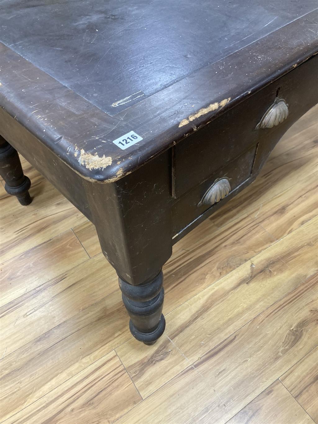 A Victorian stained pine kneehole writing table, width 130cm, depth 90cm, height 76cm